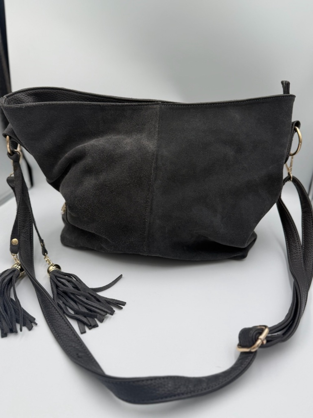 Realer Black Tassel Hobo Bag ✨ Vegan Suede Slouchy Crossbody Boho Purse